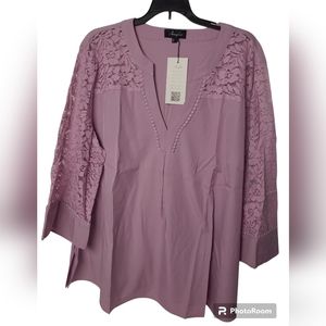 Amzplus Women Plus Lace Casual V- Neck 3/4 Sleeve Loose Purple Blouse Size 4XL